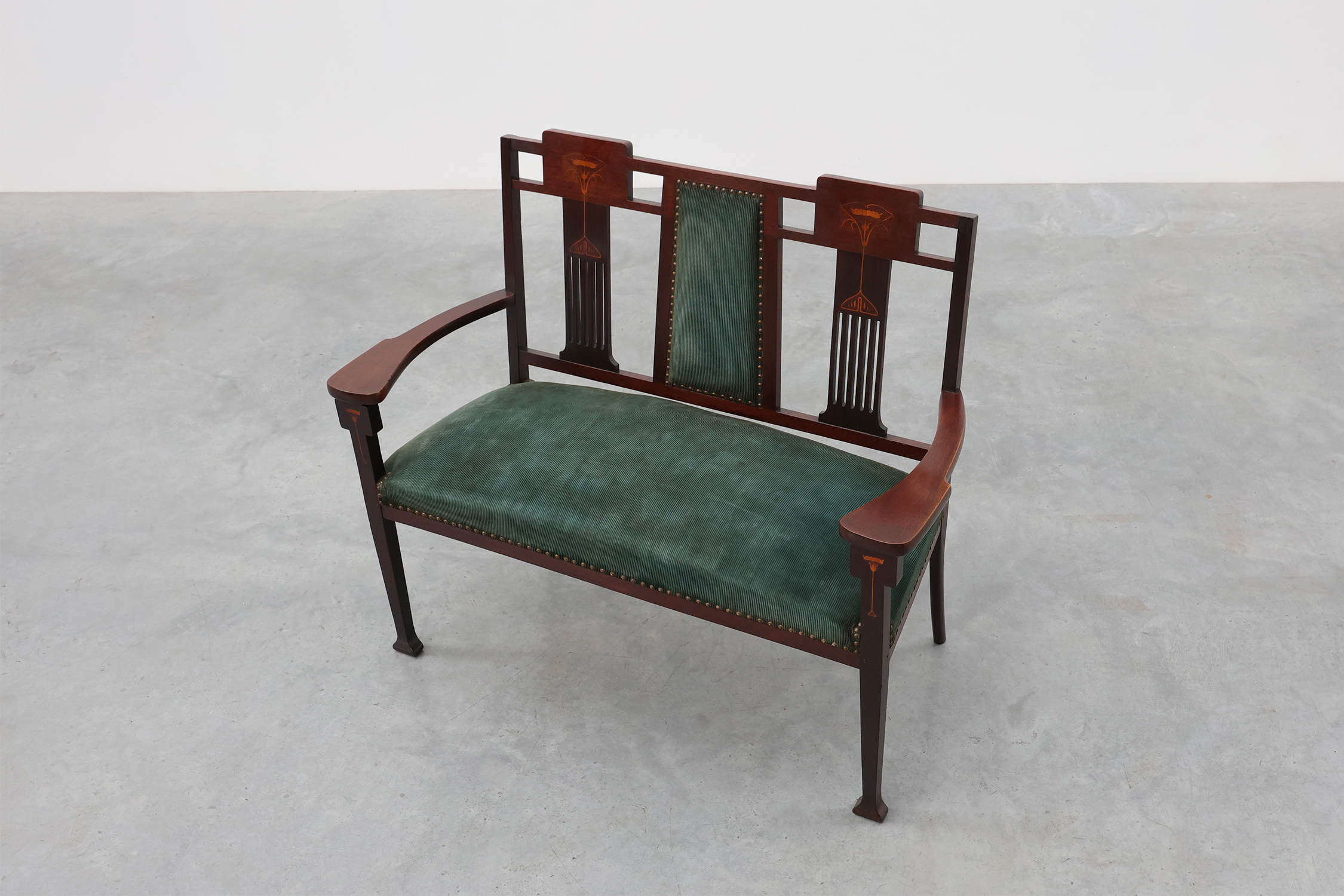 Art Nouveau Walnut Settee with Floral Marquetry, Belgium, ca. 1900thumbnail